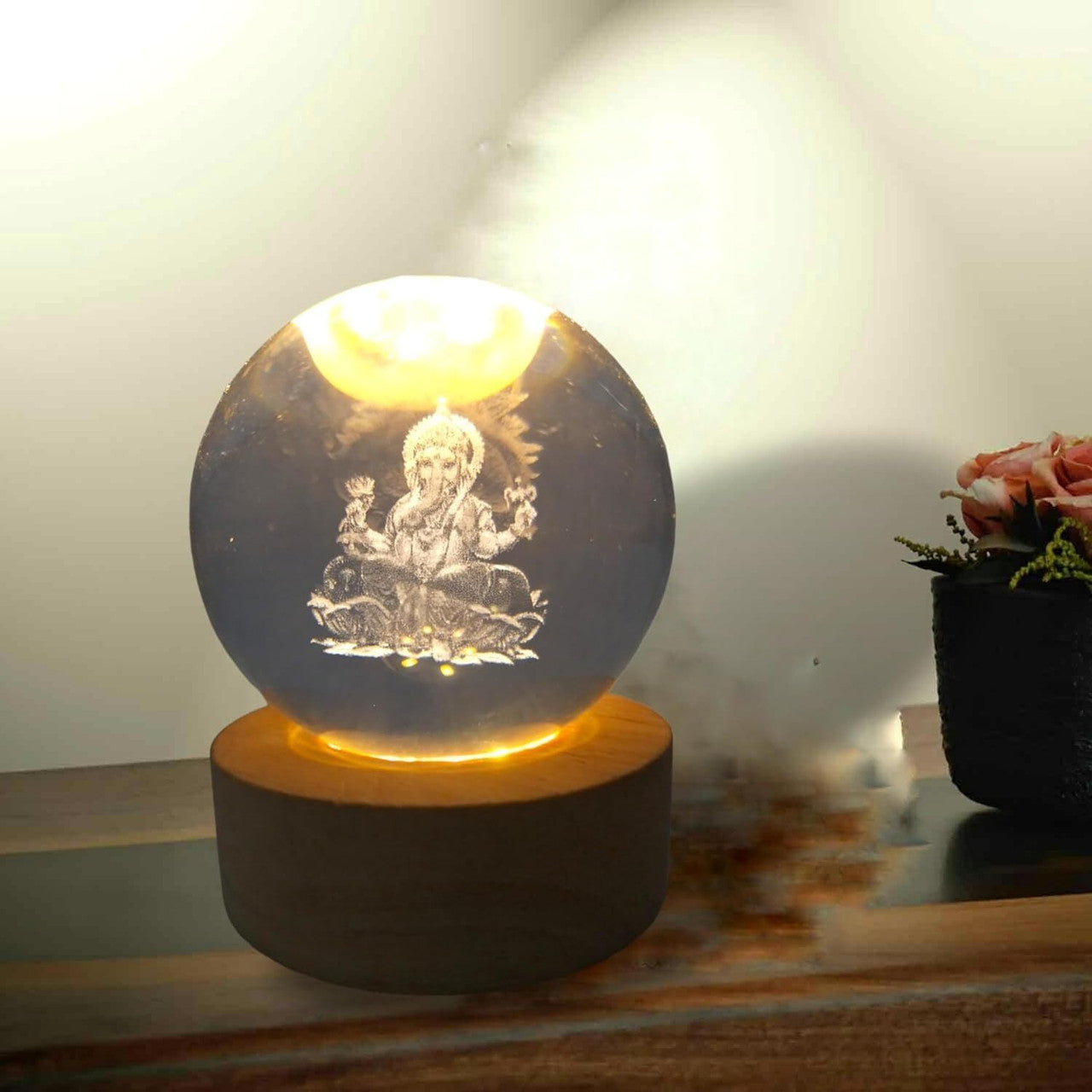 3D Galaxy Crystal Ball Lamp – Lord Ganesha Design | USB LED Glass Night Light with Wooden Base | Home & Bedroom Gift (Lord Ganesha)