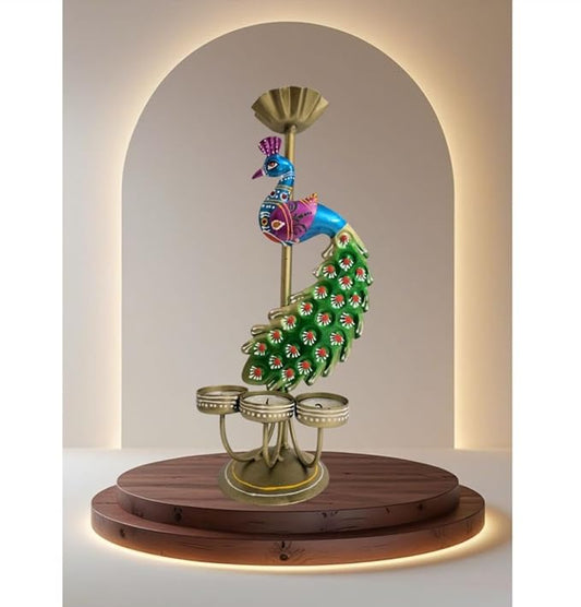 Mimmo AESTHETIC Metal Peacock Tealight Candle Holder Rajasthani Design for Diwali Festive Home Decor 15 x 35 cm (Peacock Candle Stand-[Single])