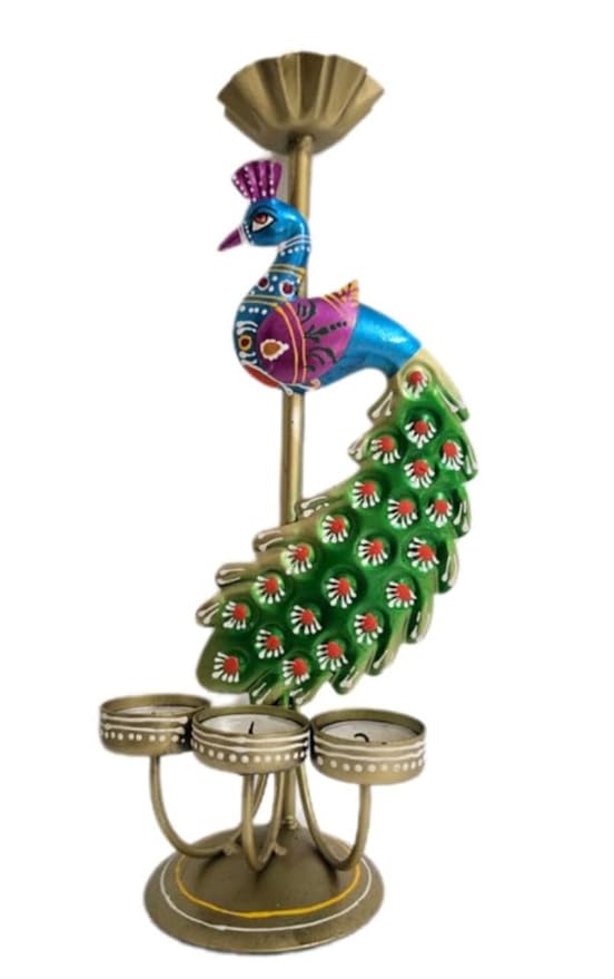 Mimmo AESTHETIC Metal Peacock Tealight Candle Holder Rajasthani Design for Diwali Festive Home Decor 15 x 35 cm (Peacock Candle Stand-[Single])