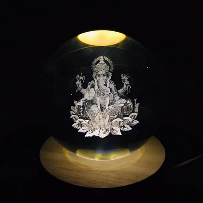 3D Galaxy Crystal Ball Lamp – Lord Ganesha Design | USB LED Glass Night Light with Wooden Base | Home & Bedroom Gift (Lord Ganesha)
