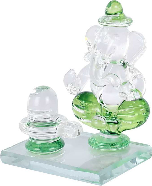 Crystal Ganesh Idol with Shivling Design Divine Car Dashboard Showpiece - 6.5 cm(Crystal, Green)