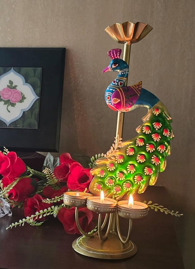 Mimmo AESTHETIC Metal Peacock Tealight Candle Holder Rajasthani Design for Diwali Festive Home Decor 15 x 35 cm (Peacock Candle Stand-[Single])