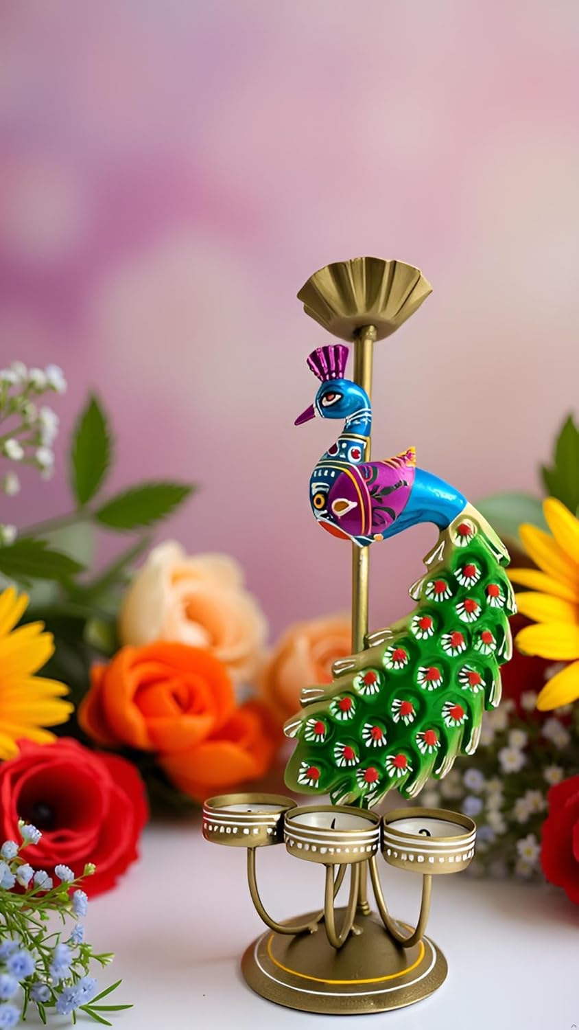 Mimmo AESTHETIC Metal Peacock Tealight Candle Holder Rajasthani Design for Diwali Festive Home Decor 15 x 35 cm (Peacock Candle Stand-[Single])
