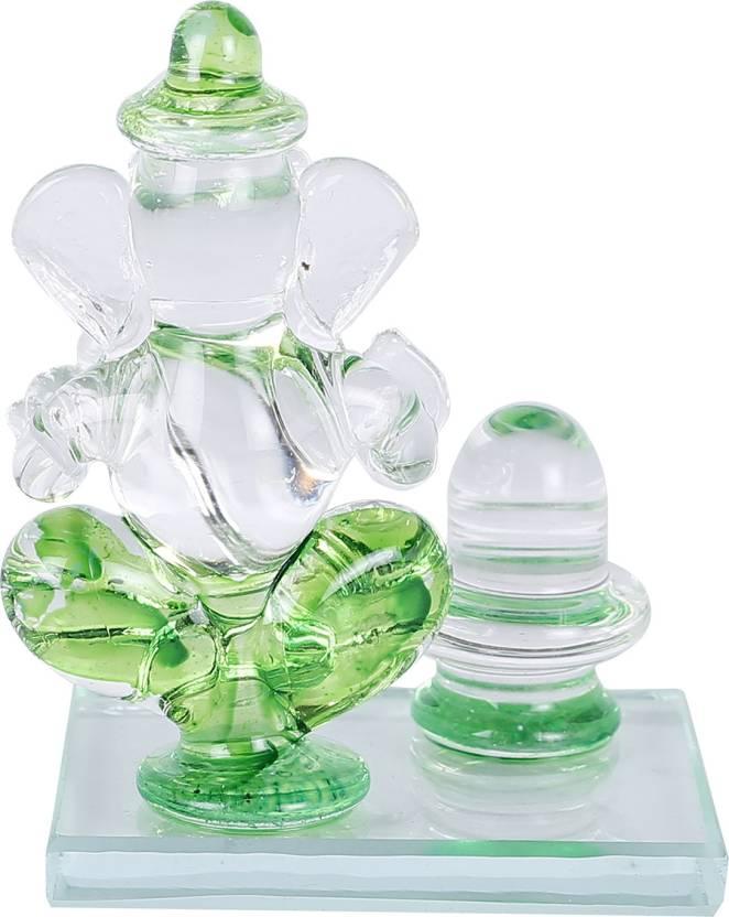 Crystal Ganesh Idol with Shivling Design Divine Car Dashboard Showpiece - 6.5 cm(Crystal, Green)